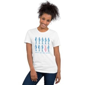 Woman wearing Rebel Fish t-shirt with fishes and “Rules are for losers” text