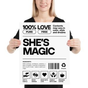 Poster with She’s Magic magic nutrition label, barcode, and empowering ingredients list