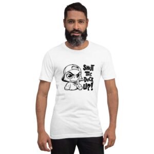 Men wearing Shut the Duck Up t-shirt with cartoon duck and funny quote