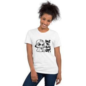 Woman wearing Shut the Duck Up t-shirt with cartoon duck and funny quote