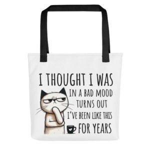 Thinking Cat tote bag with heart-shaped sunglasses and iced coffee