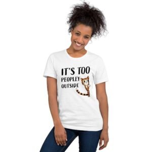 Woman wearing Too Peopley Outside cat design t-shirt with cute kitten hiding