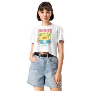 Model in Tropical Vibes crop top with tropical beach and hibiscus flower design