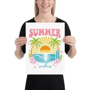 Tropical Vibes poster print with palm trees, surfboard, and retro beach sunset design on white background