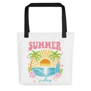 Tropical Vibes tote bag with colorful sunset, surfboard, palm trees, and waves