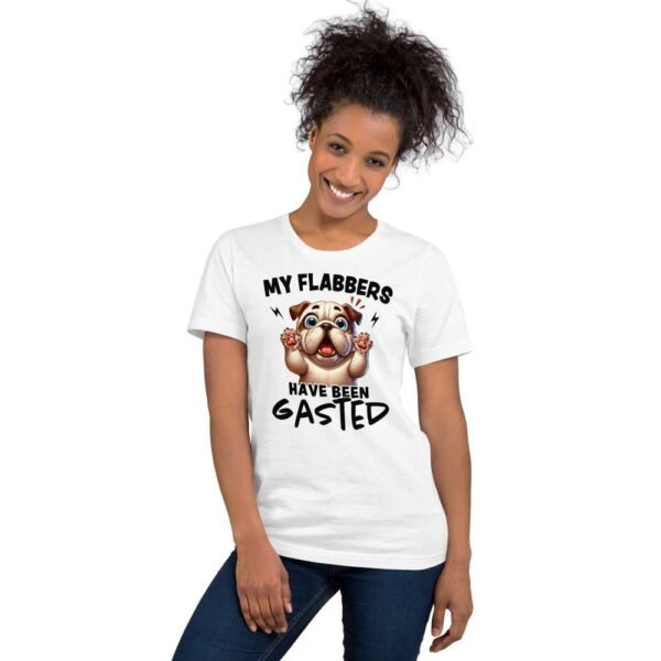 Woman wearing flabbergasted t-shirt with sleepy dog and funny quote