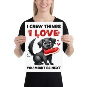 Poster of dog chewing sneaker with 'I chew things I love' quote