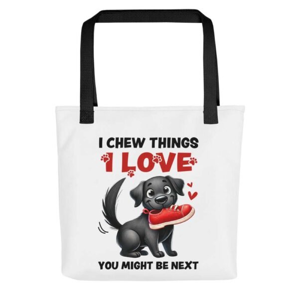 Love things tote bag with dog chewing sneaker print