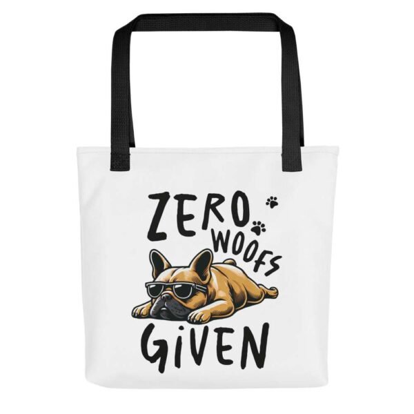 Tote bag with sleepy dog and zero woofs quote